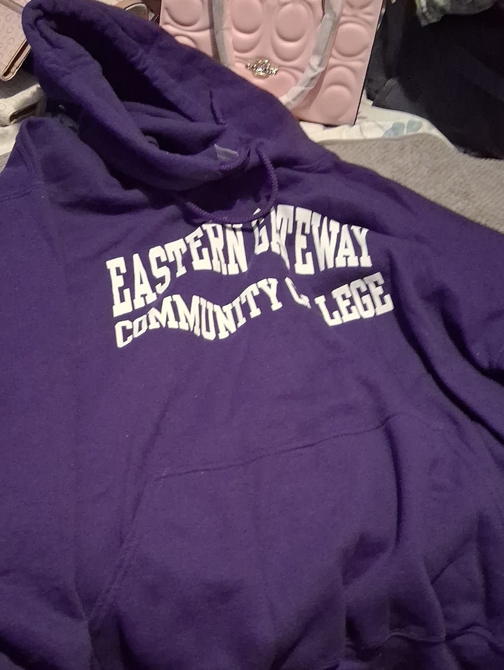 Gildan Purple Pullover Hoodie with White Collegiate Print